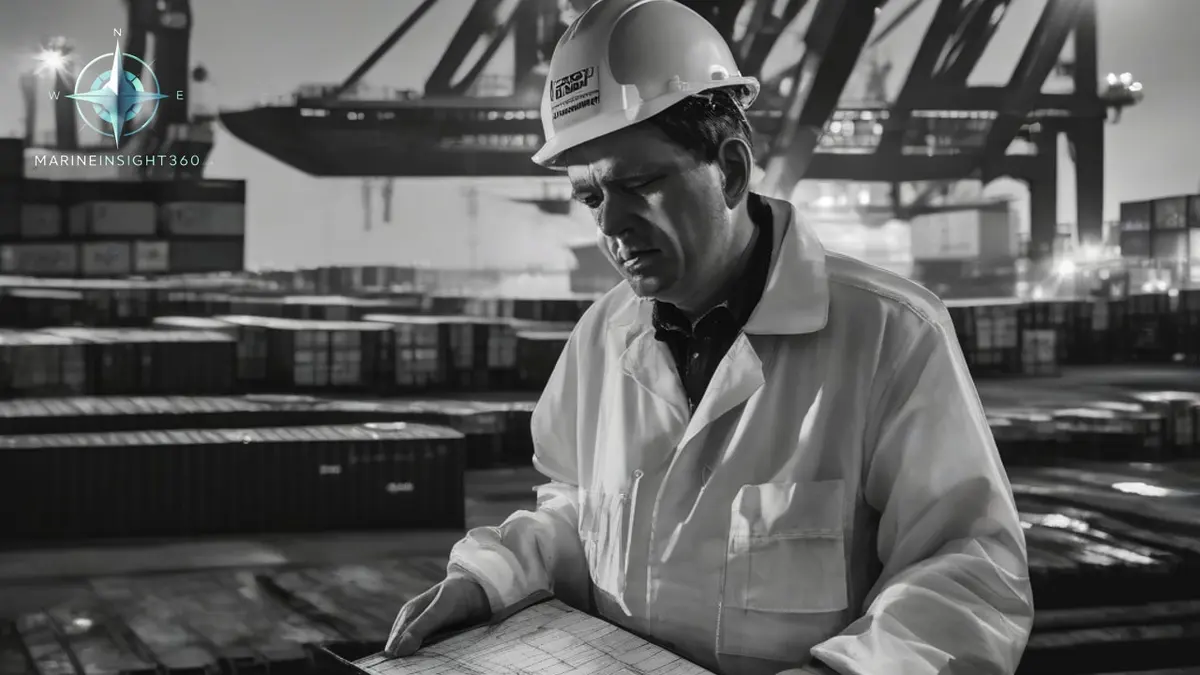 Ship's agent holding a printed cargo manifest on the quay beside a container ship at dusk