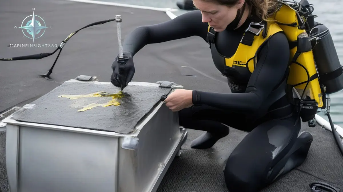 Marine biologist in a wetsuit writing survey notes on the transom of a research boat