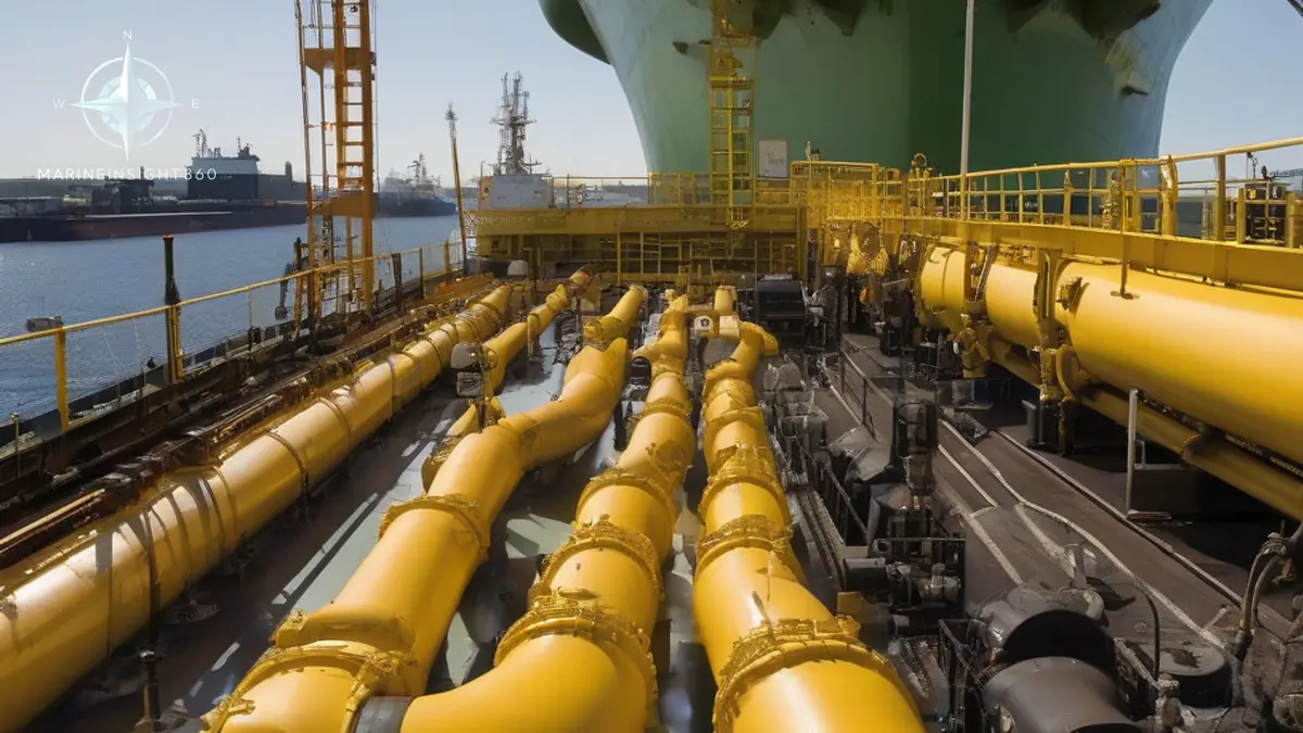 Crude oil tanker deck during loading with vapour return line and tank dome valves