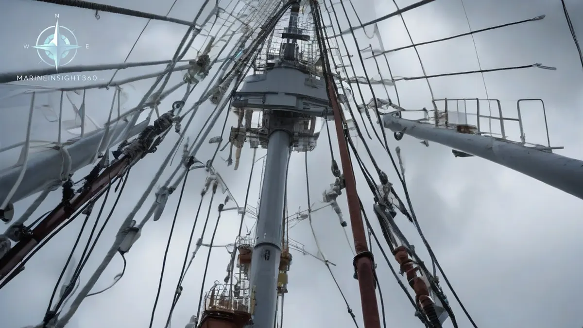 Masts of a cargo ship carrying a radar scanner, masthead light, whistle and antennas on the platform
