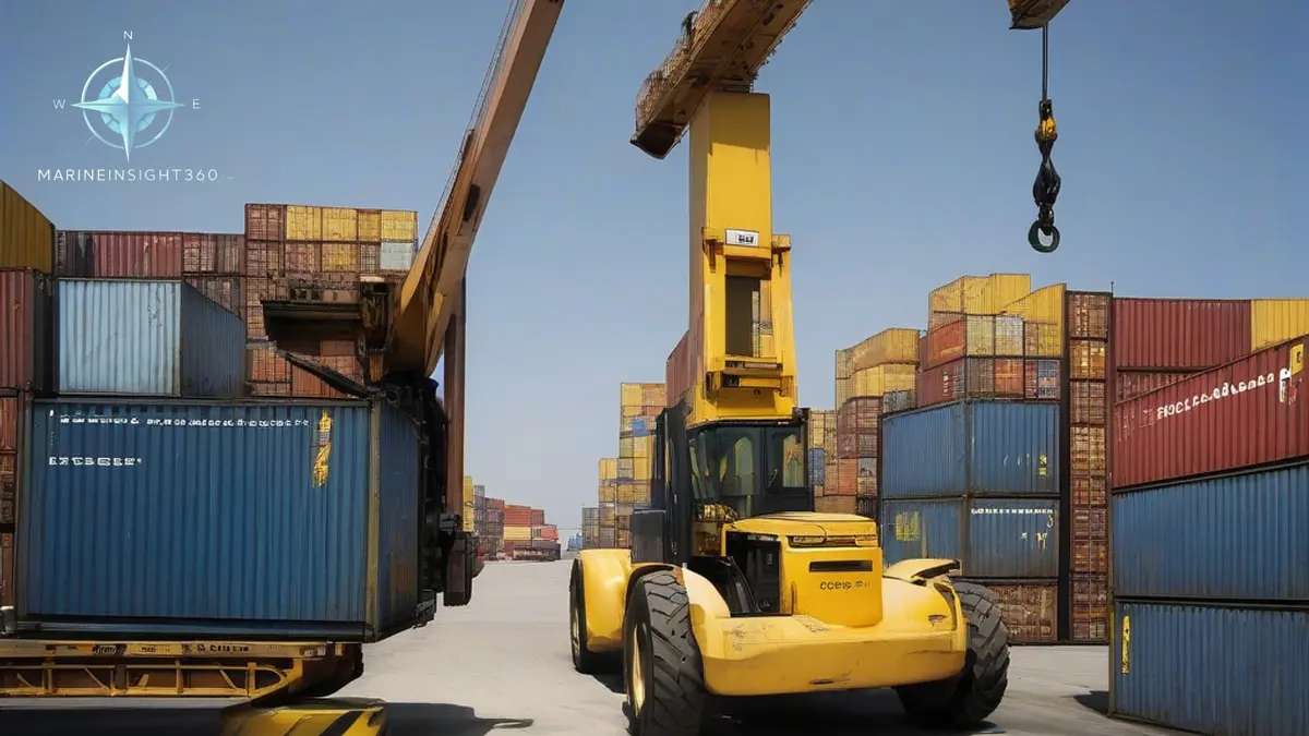 Reach stacker lifting a container beside a terminal tractor and empty handler in a port terminal yard