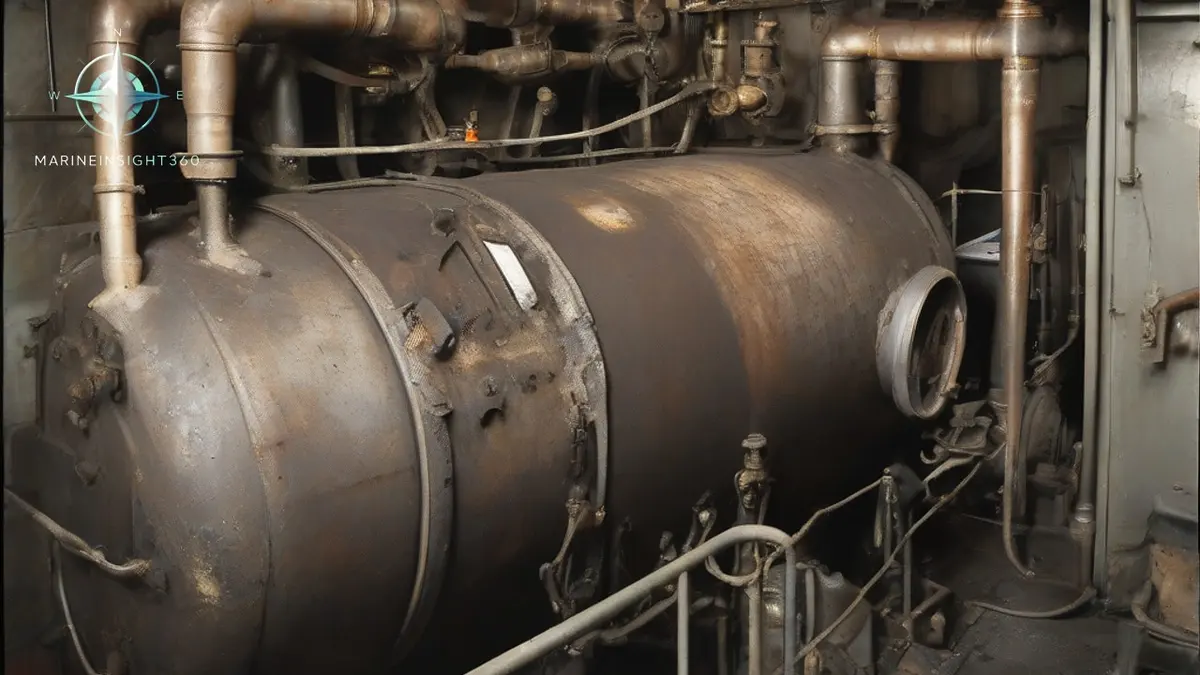 Oil fired auxiliary boiler in a ship's engine room with gauge glasses, burner and steam stop valve