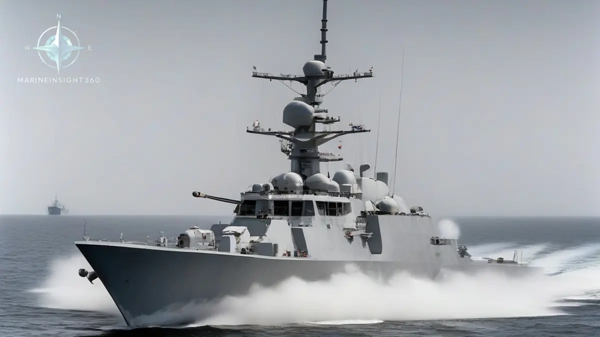 Grey missile-armed naval corvette under way at speed in coastal water with a flight deck aft
