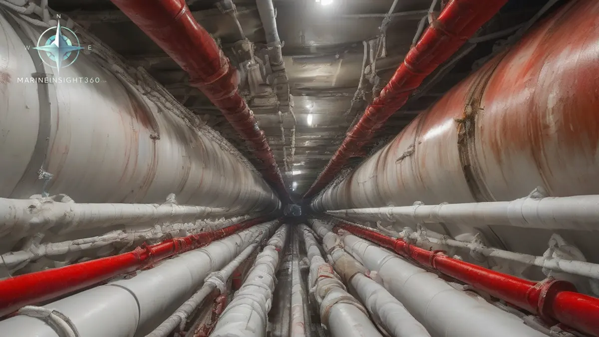 Narrow watertight duct keel tunnel along a ship's double bottom lined with ballast pipework and cabling