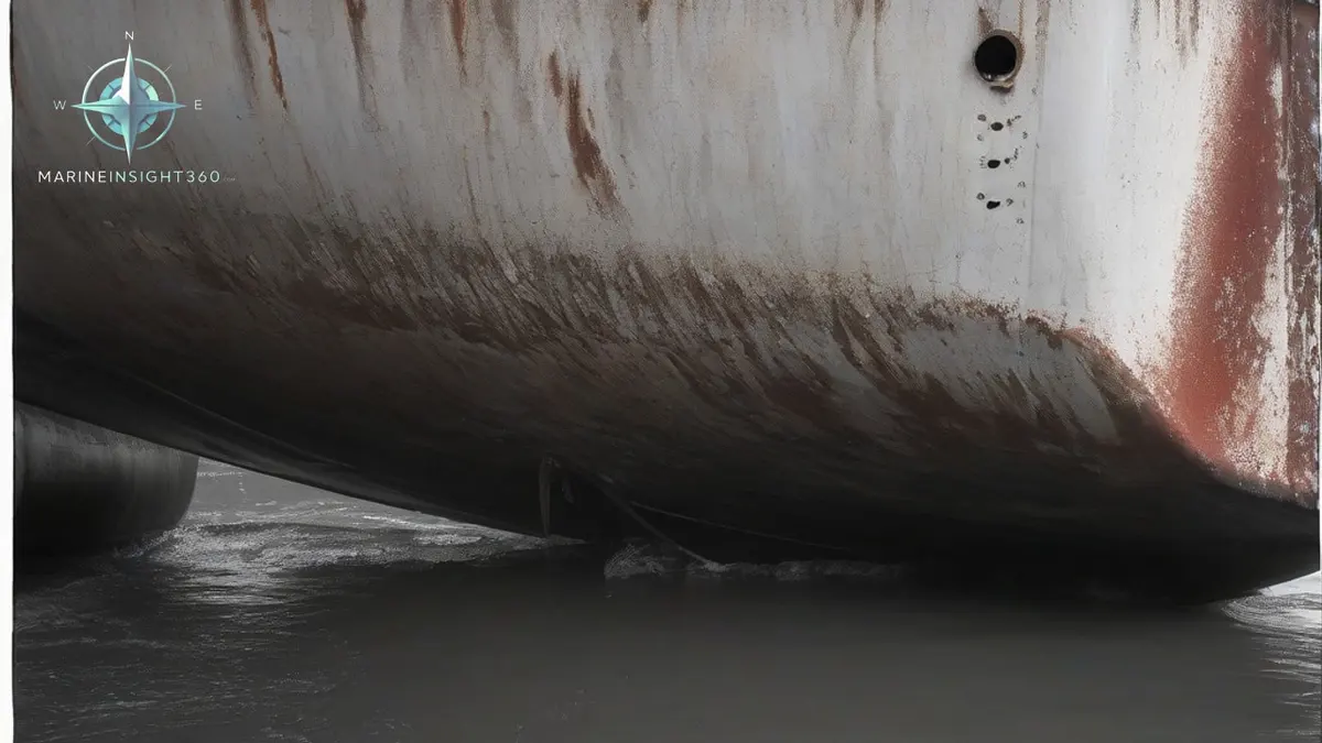 Painted Plimsoll load line disc on the side of a loaded cargo ship near the waterline