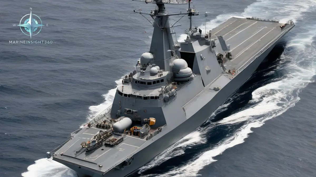 Modern anti-submarine frigate under way at sea with radar mast and helicopter hangar