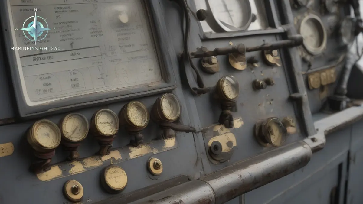 Speed log repeater on a merchant ship's bridge console with the forecastle and sea beyond