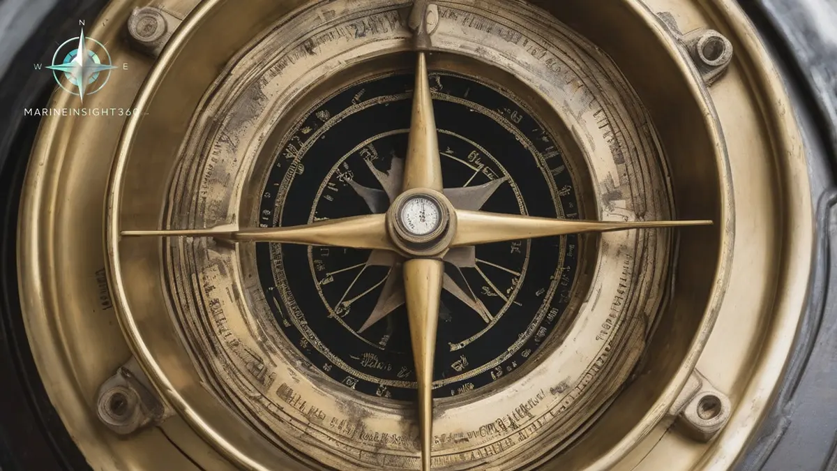 Overhead view into a brass compass binnacle showing the lubber line mark against the card