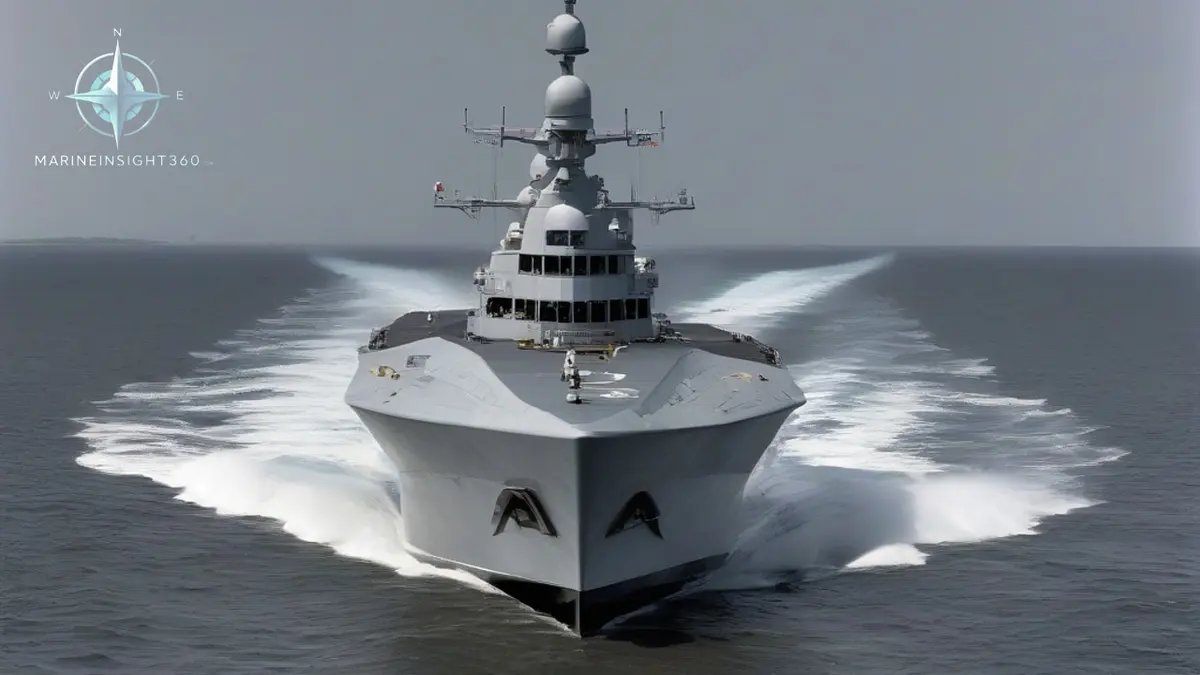 Grey naval corvette with a gun mounting forward and flight deck aft under way in coastal water