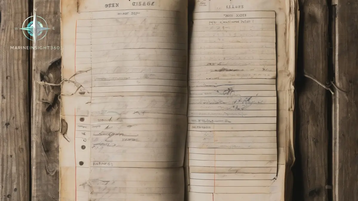 Open seafarer's discharge book on a cabin desk showing stamped sea service entries beside a passport