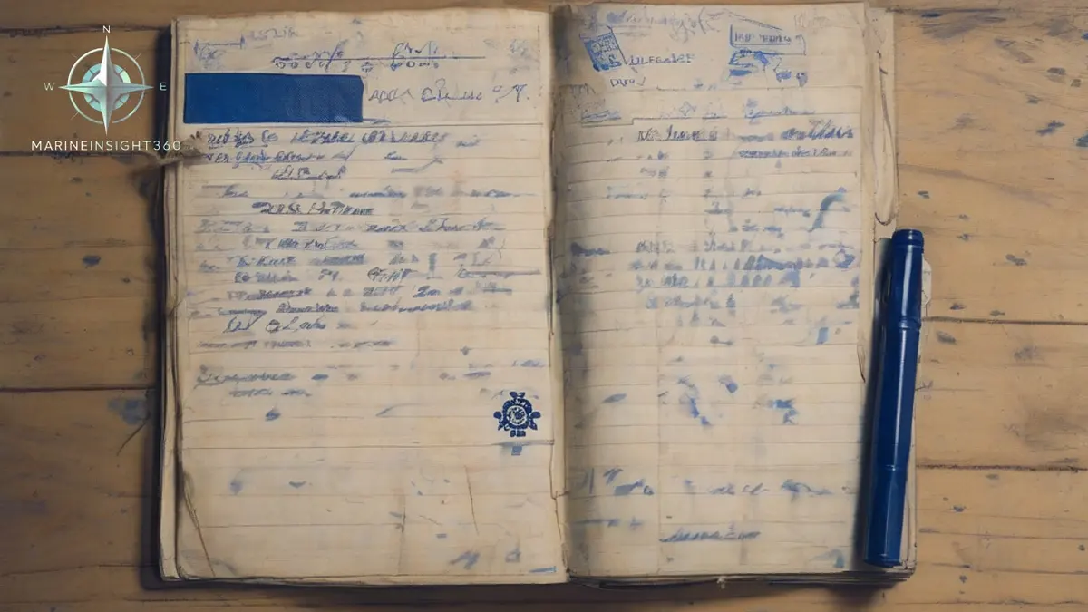 Seafarer's discharge book open on a mess table showing stamped sea service entries