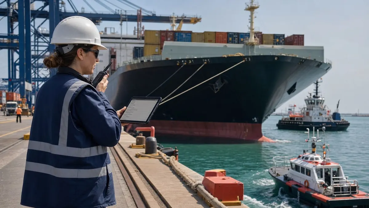 Shipping agent coordinating a container ship port call from the quay