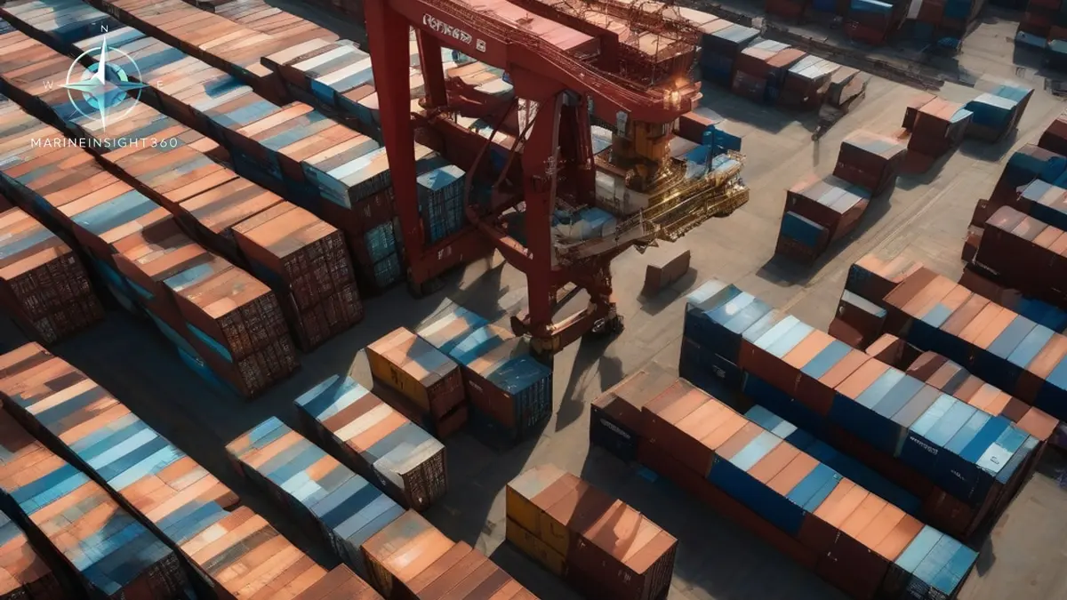 Stacked twenty-foot containers in a terminal yard with a straddle carrier lifting one box