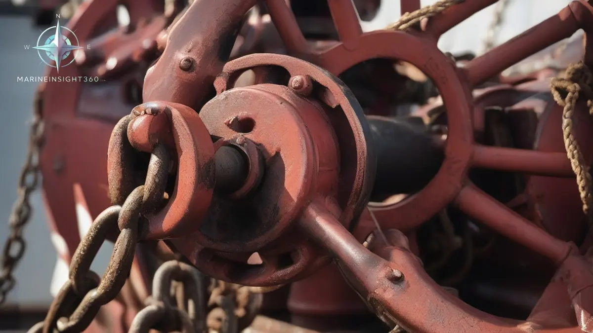 Anchor windlass on a ship's forecastle with chain led over the gypsy into the spurling pipe