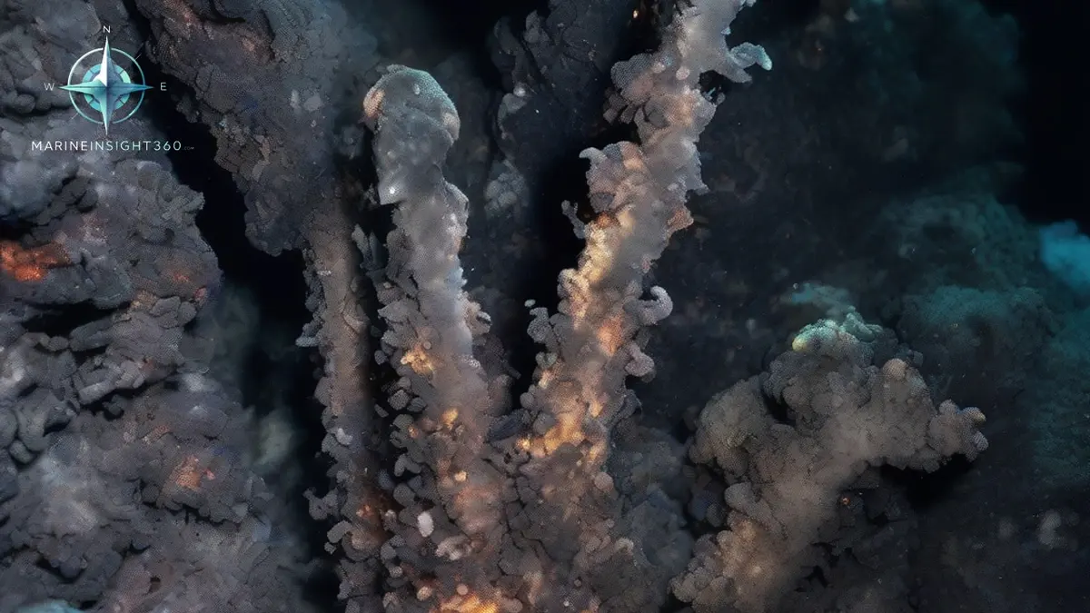 ROV floodlights on a black smoker vent and pillow lava at a mid-ocean ridge crest