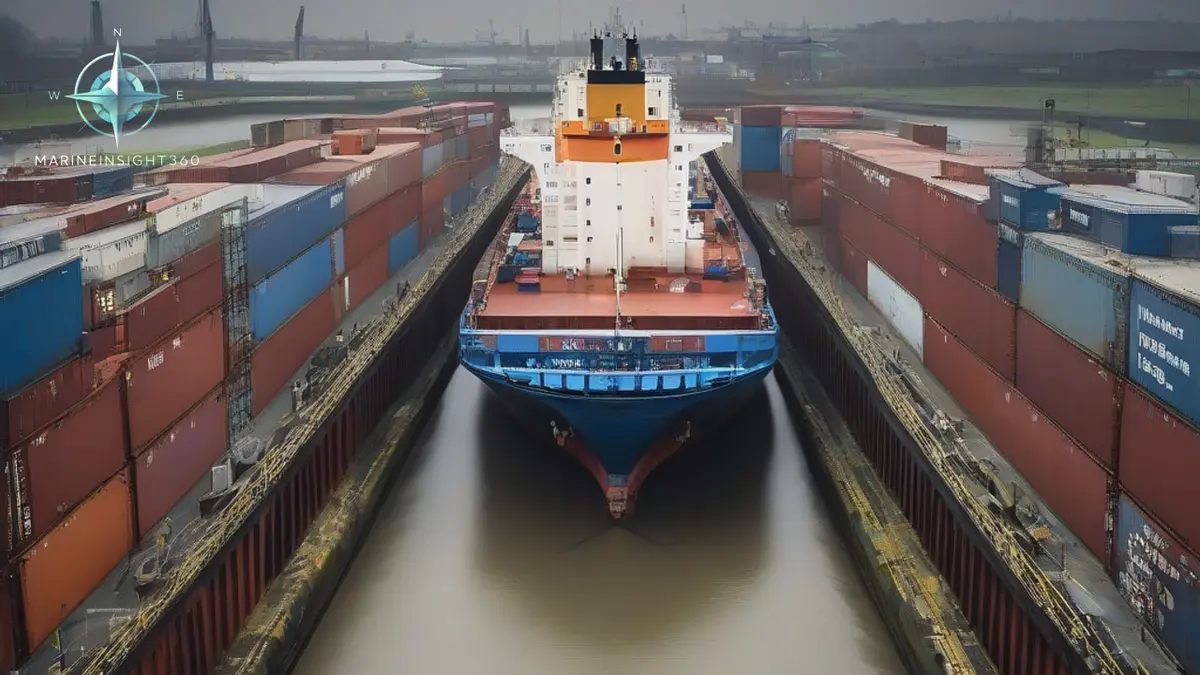 Container ship seen head on inside a lock chamber with only feet of clearance either side