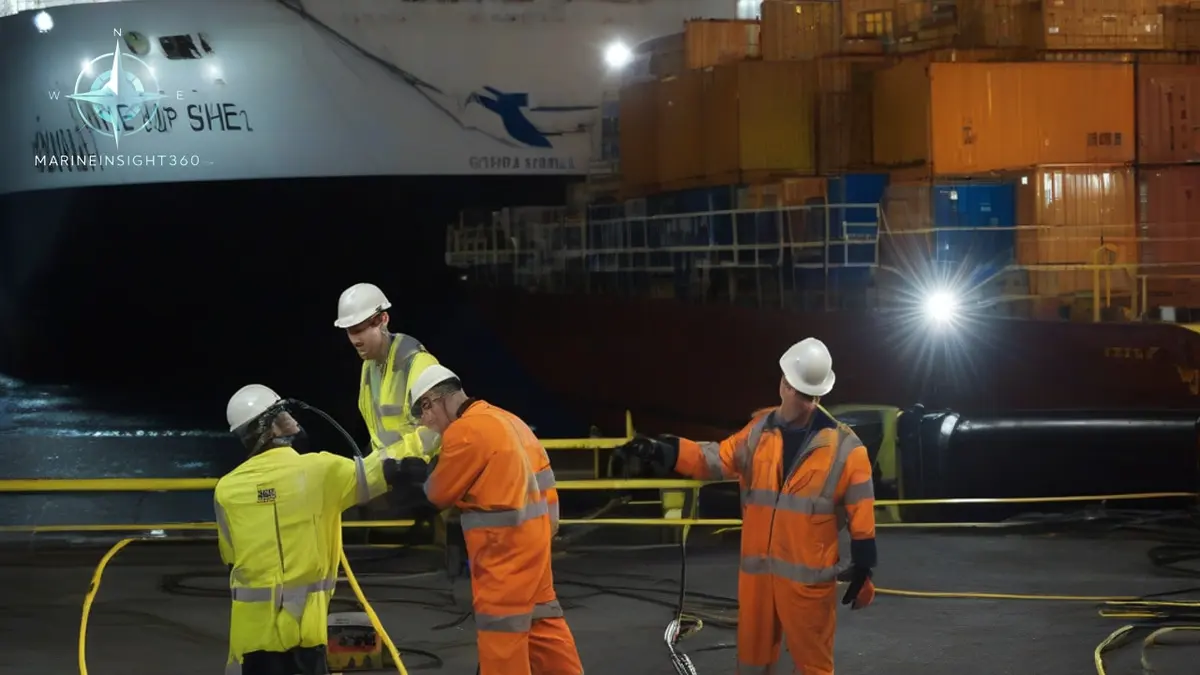High voltage shore power cable being connected to a container ship at a terminal berth at night