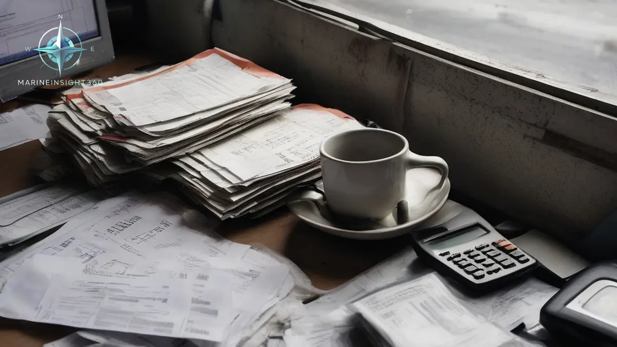 Freight forwarder's desk with import declarations and a duty and VAT payment receipt beside a loading dock