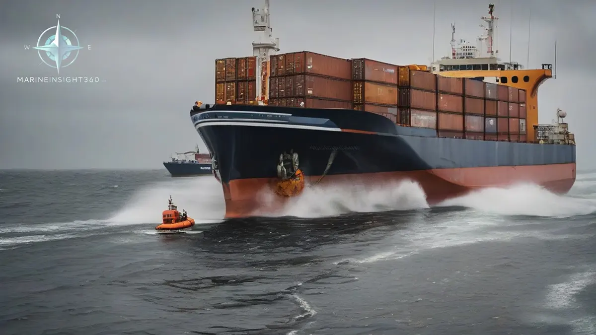 Pilot boat coming alongside an inbound container ship at the pilot station at dawn