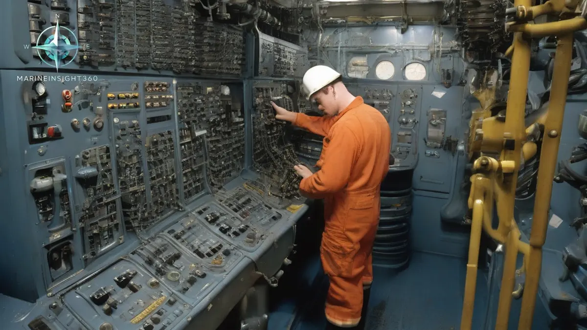 Marine engineer at the control platform beside a two-stroke main engine in a ship engine room