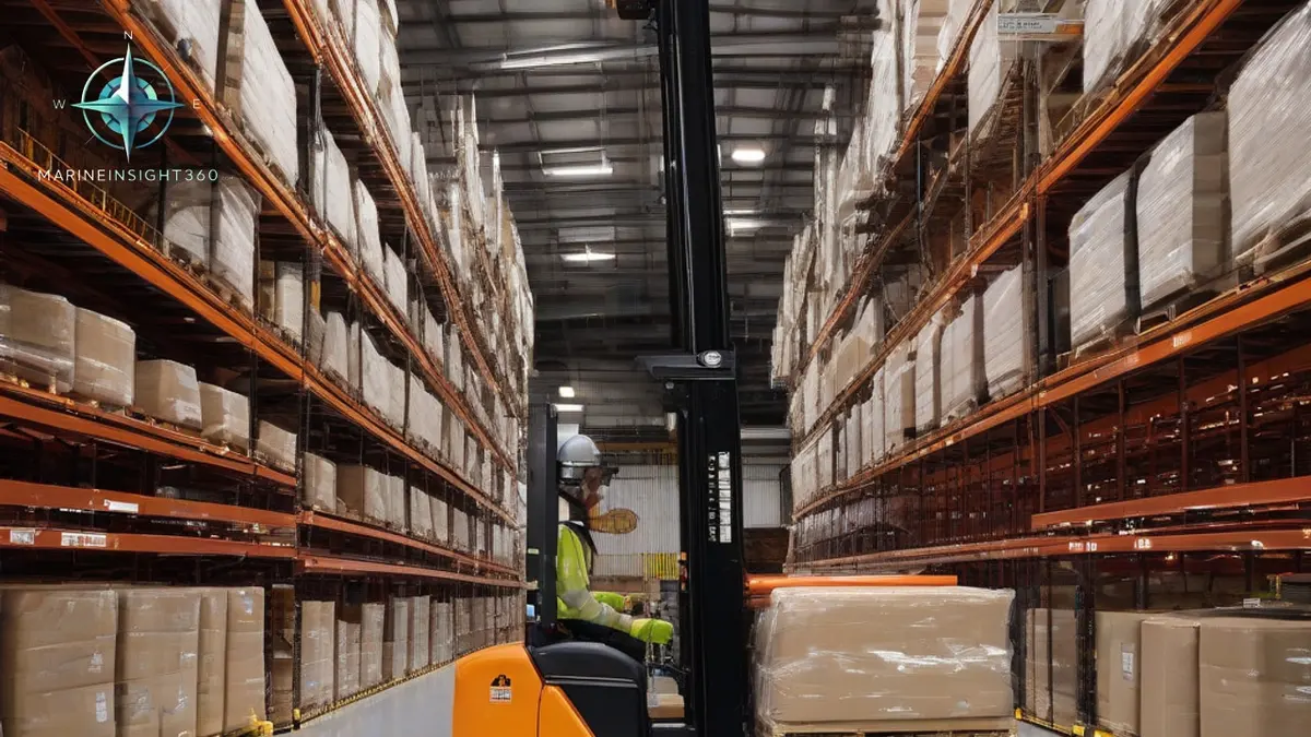 Reach truck lifting a pallet into high racking in a port warehouse aisle