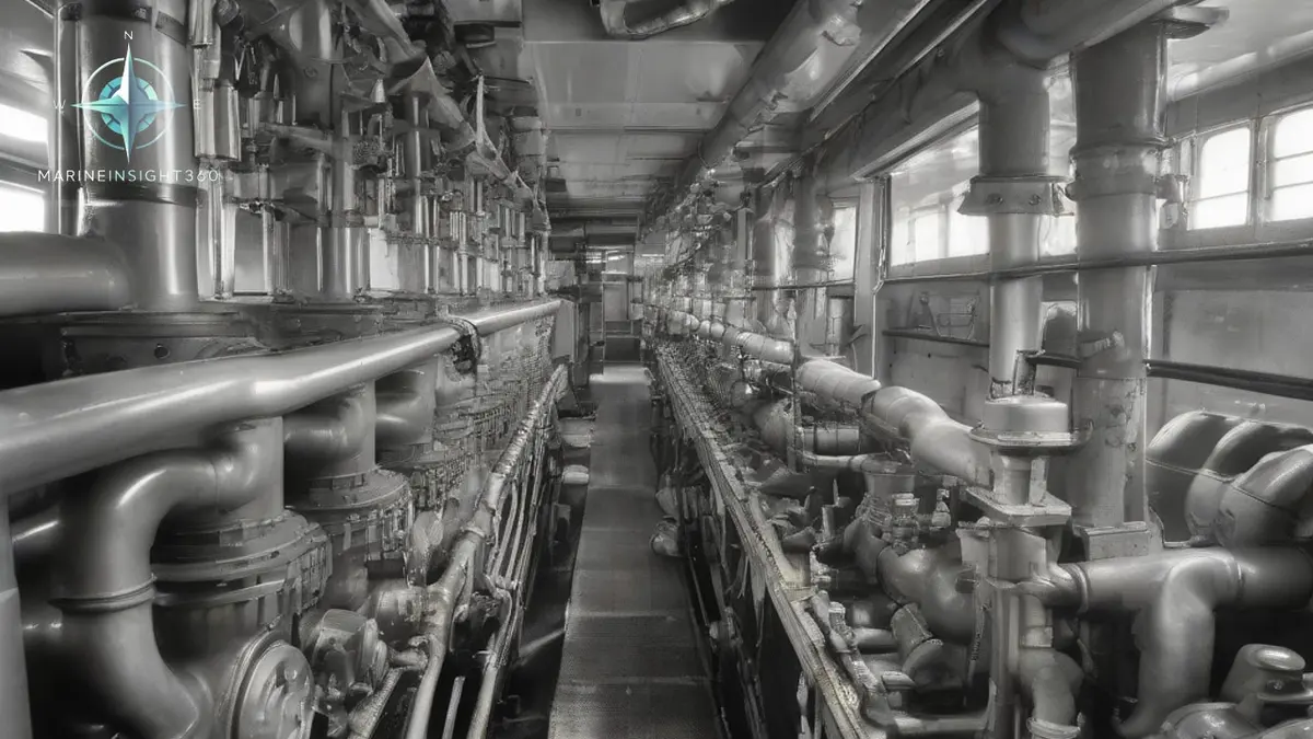 Marine engineer on the upper platform of a ship engine room beside a two stroke main engine