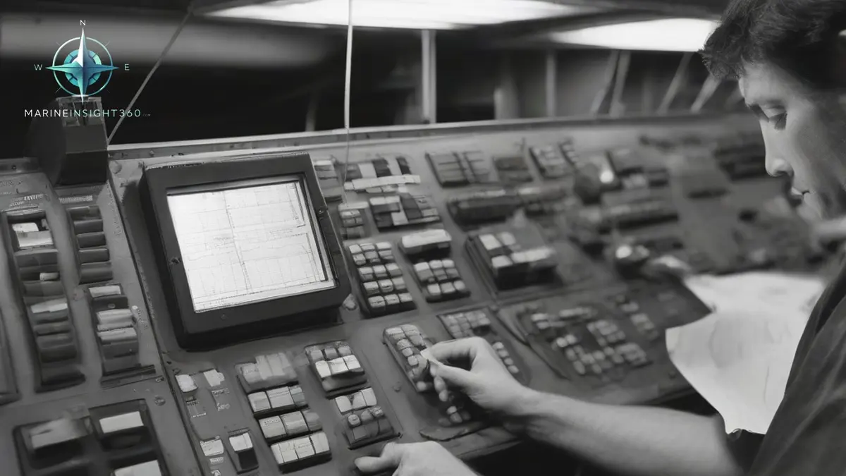 NAVTEX receiver and paper printer in a darkened ship bridge console at night