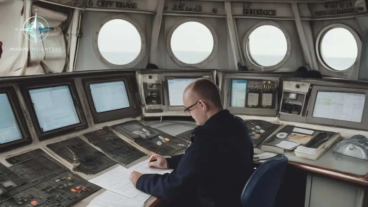 Ship officer working through a safety management system manual and checklists at the bridge chart table