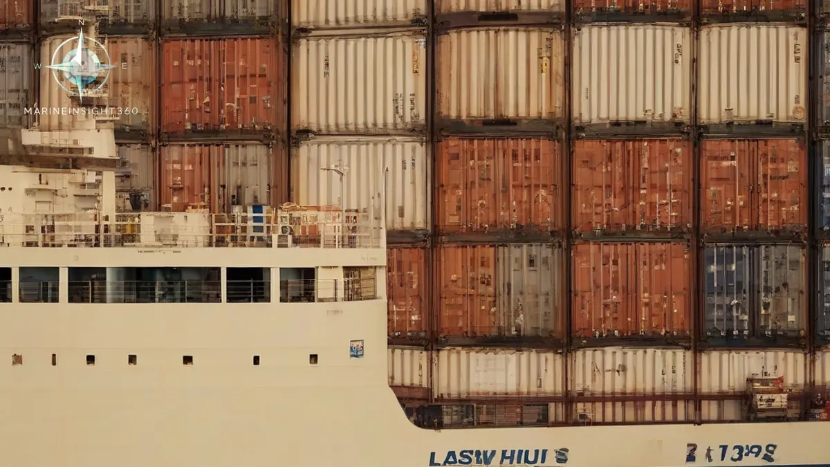 Container ship loaded with stacked twenty and forty-foot boxes alongside a terminal with gantry cranes