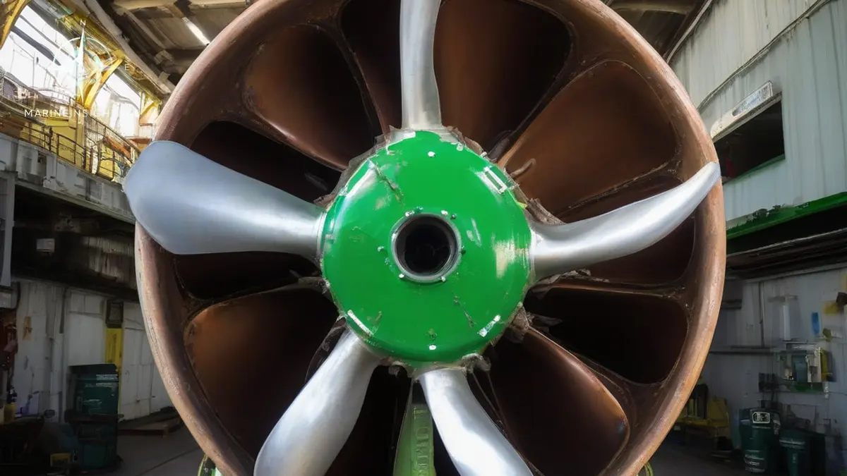Four bladed controllable pitch propeller and hub on a ship in dry dock, seen from below