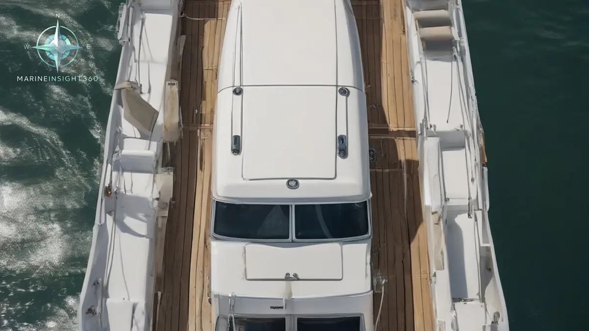 Small motor cruiser seen from above, showing the beam of the hull alongside a pontoon