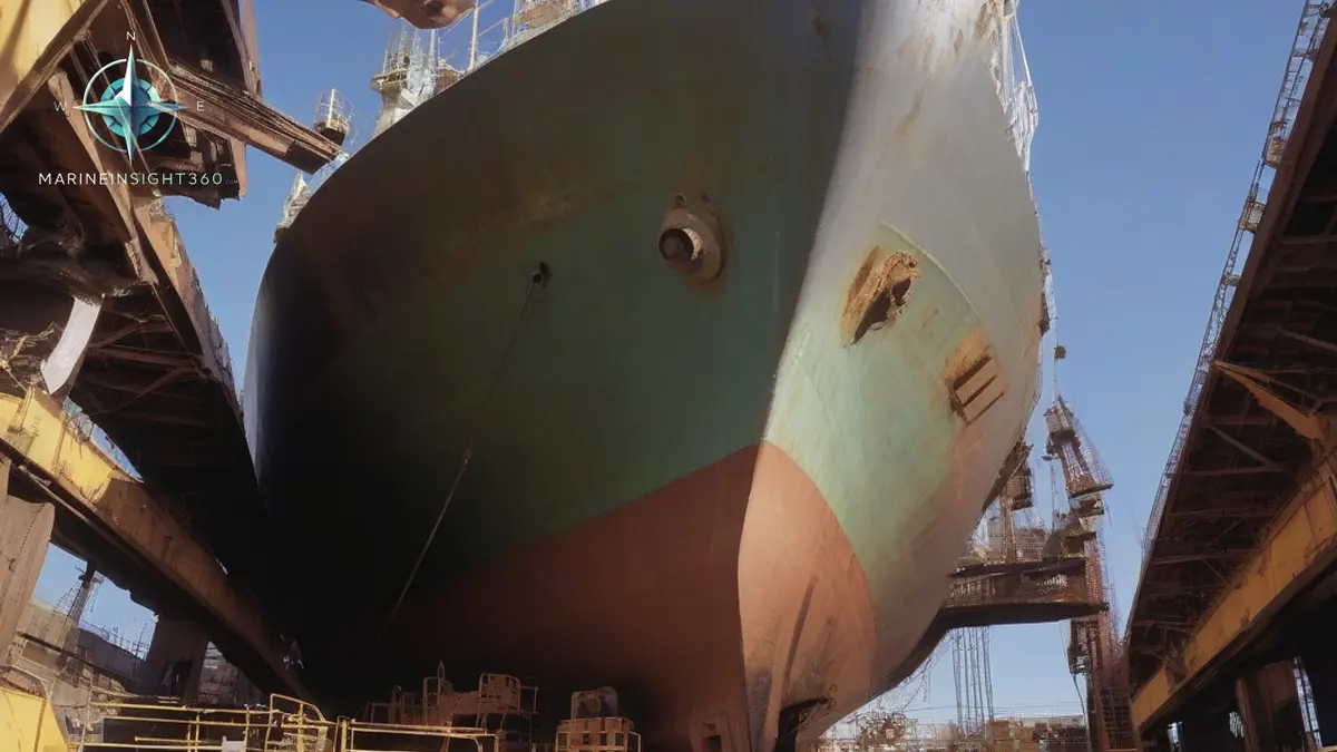 Bulk carrier on keel blocks in dry dock with bottom plating and a bilge keel exposed