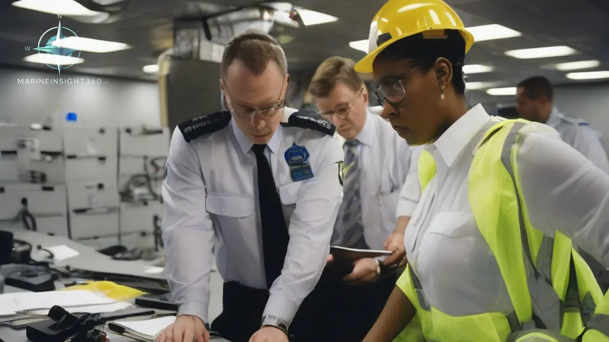 Auditor reviewing safety management procedures and a checklist in a ship cargo control room during an ISM audit
