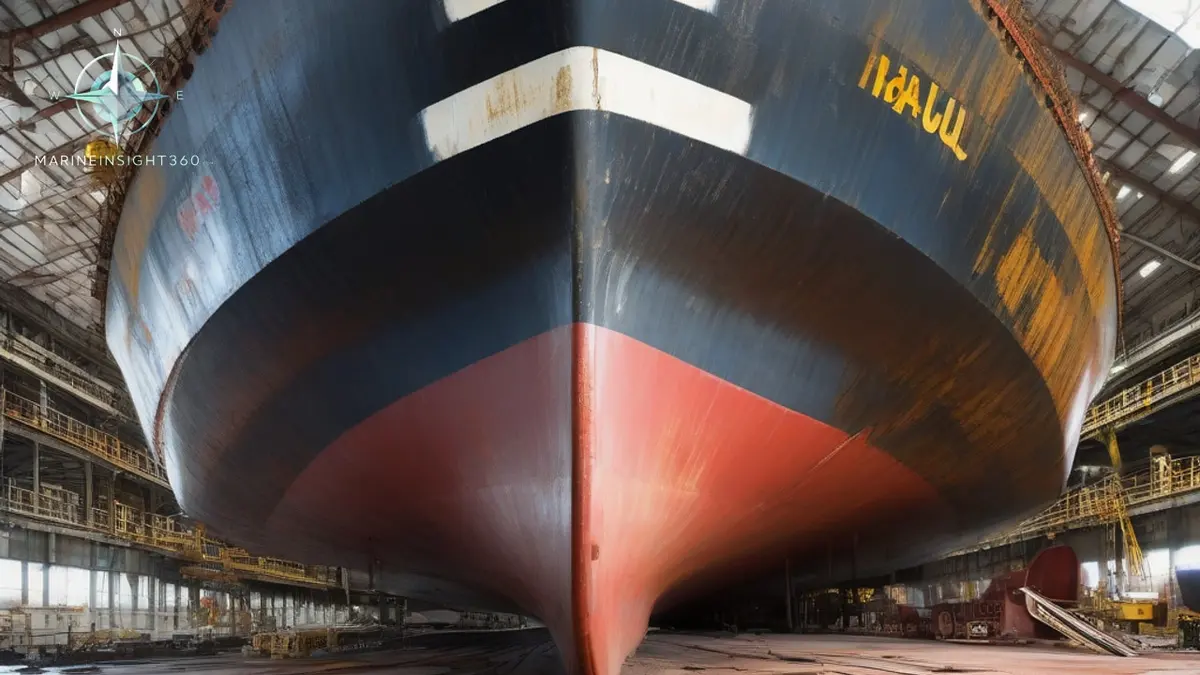 Bulk carrier hull on keel blocks in a dry dock showing the flat plate keel along the centerline