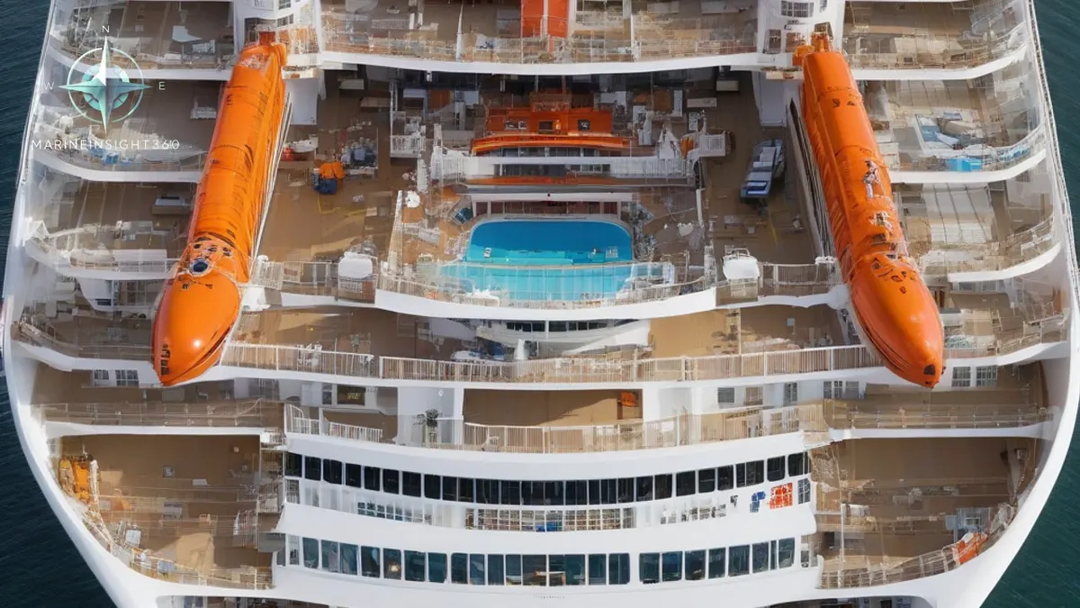 Aerial view of one of the largest cruise ships alongside a terminal quay, showing its full length