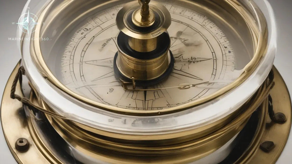 Ship's magnetic compass seen through the bowl glass with the lubber line mark