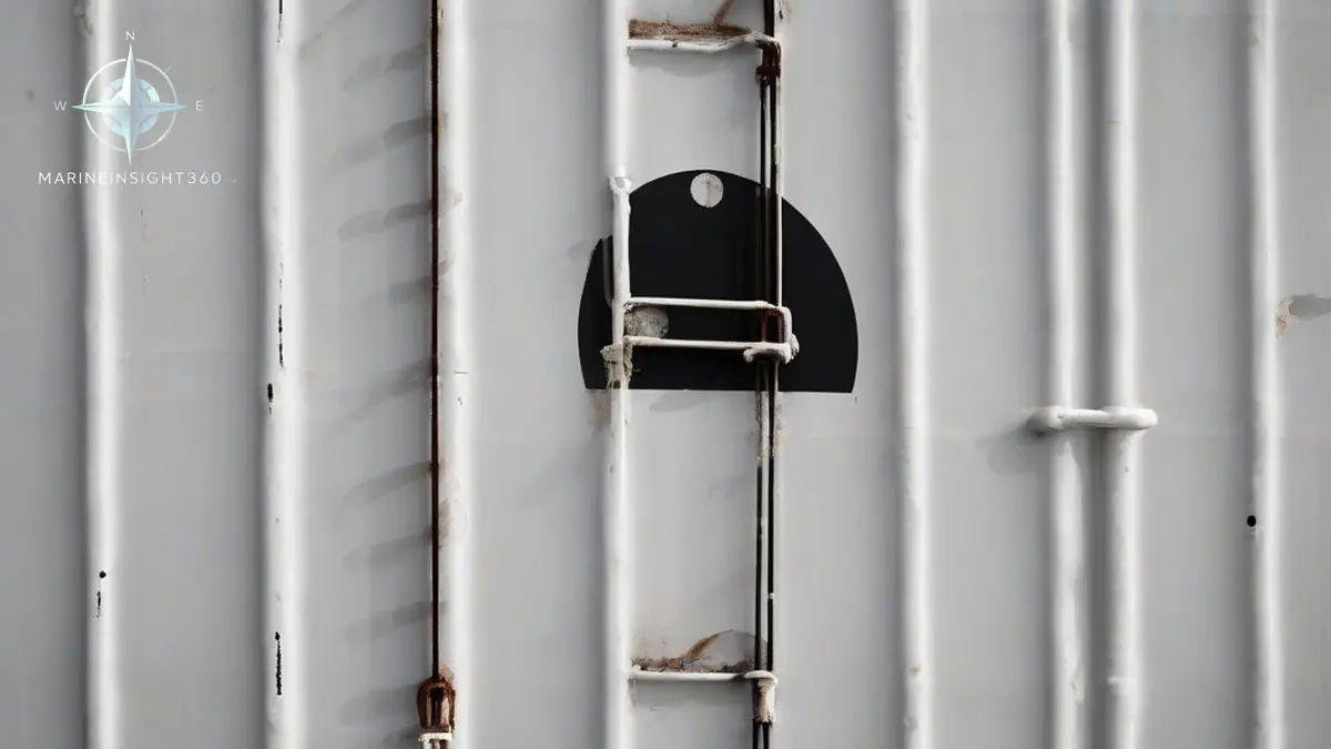 Plimsoll load line mark painted on the black steel hull of a laden cargo ship above the waterline