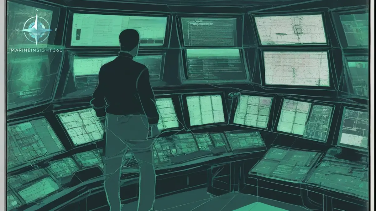 ECDIS chart display at night with water inside the safety contour shaded as unsafe