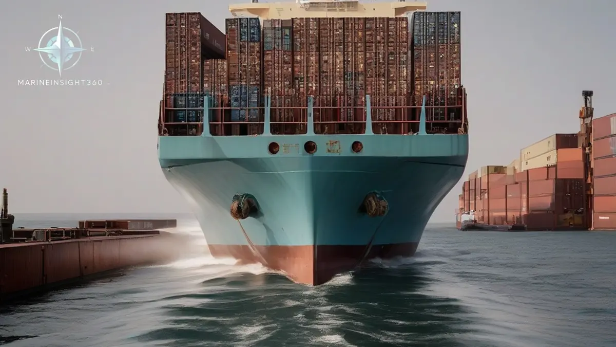 Loaded container ship broadside at sea, sitting deeper aft with trim by the stern