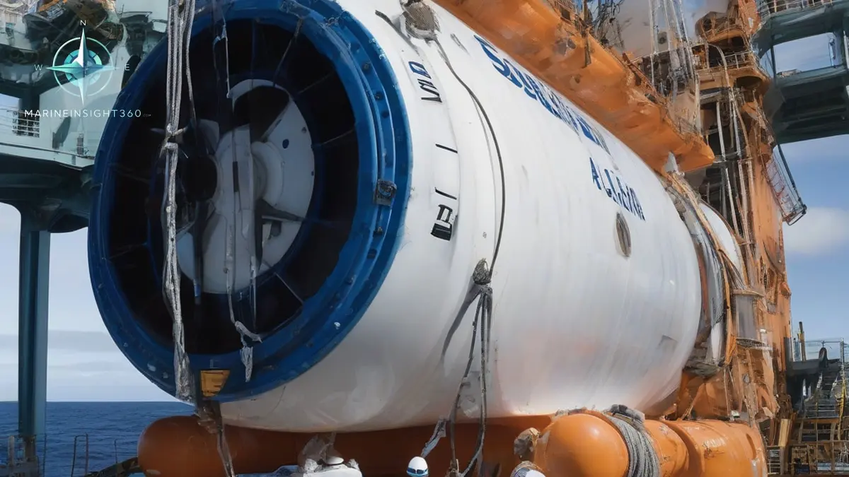 Deep diving submersible on an A-frame crane at a support ship's stern before launch
