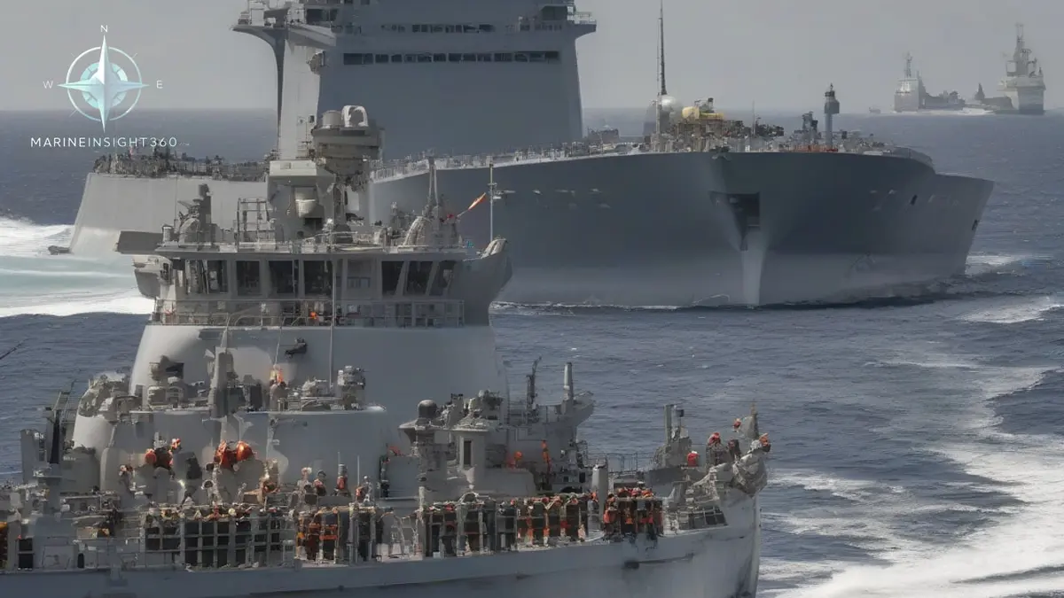 Merchant tanker stopped in open water as a warship stands off and a boarding boat crosses