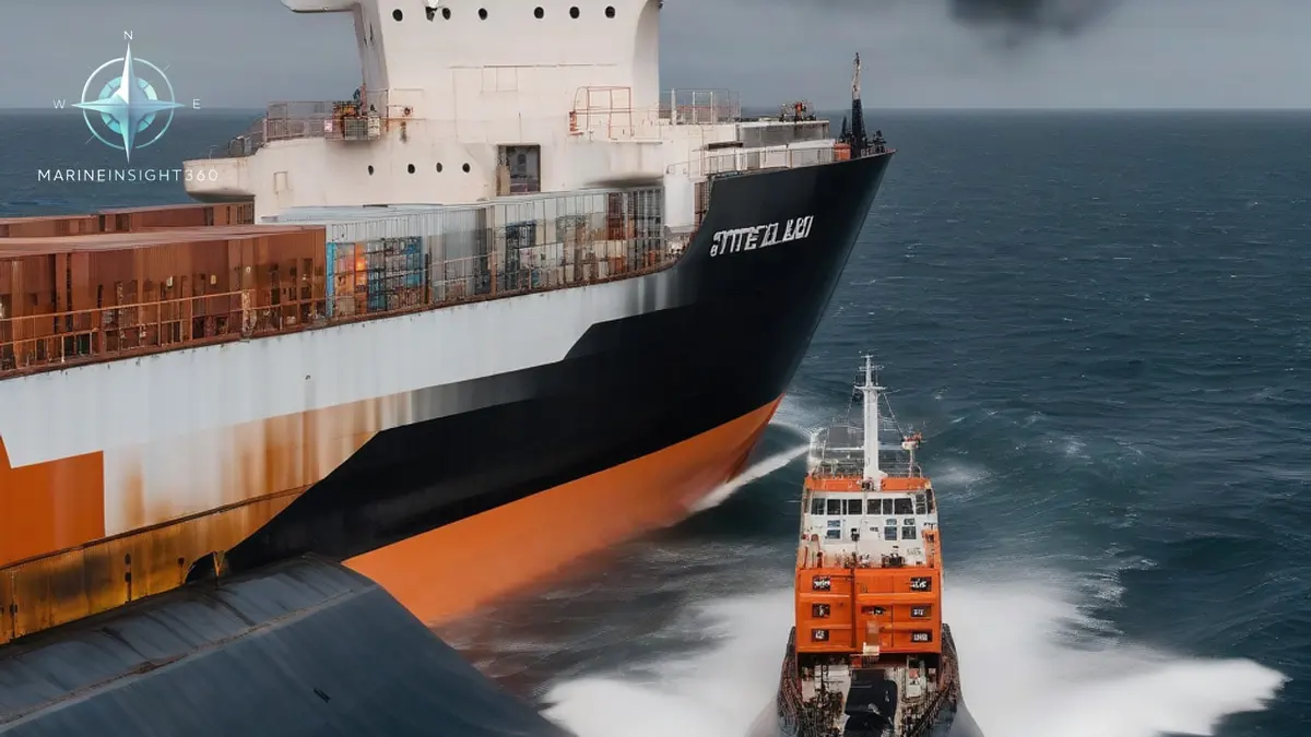 Small pilot boat running alongside the towering hull of a laden container ship at sea
