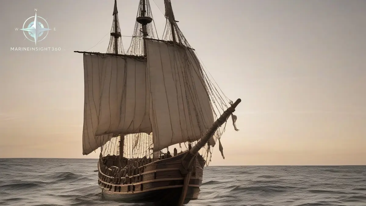 Wooden caravel replica under a square sail on Atlantic swell at dawn, period accurate rigging