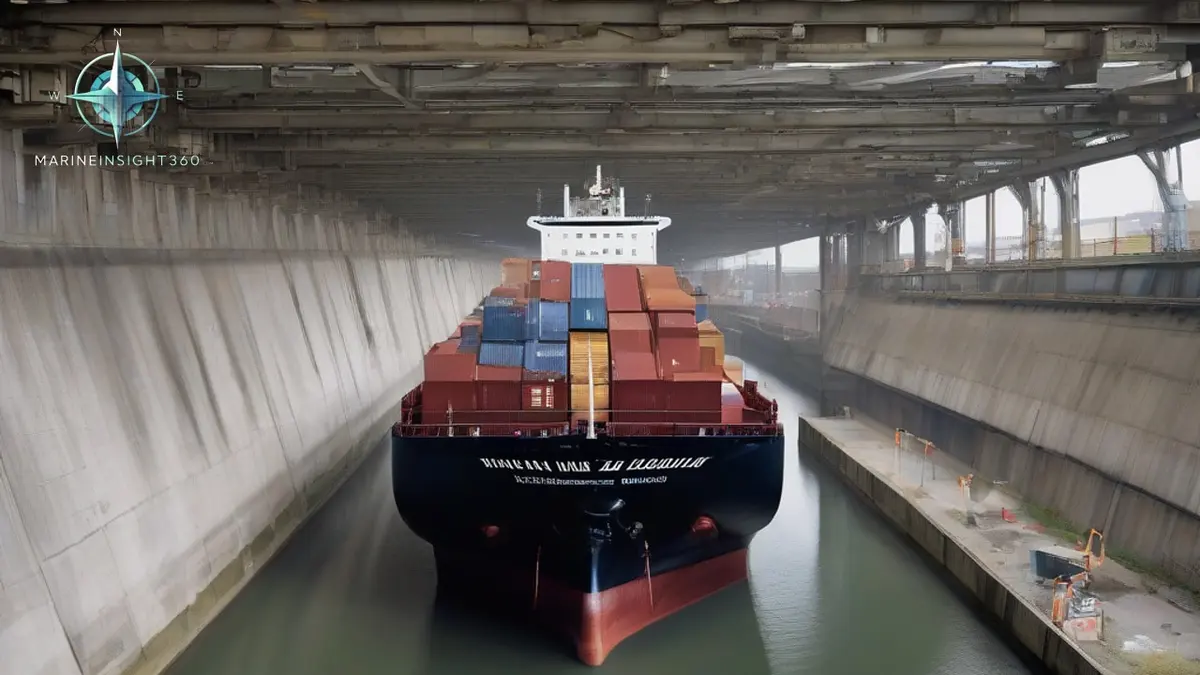 Laden container ship moving through a narrow man made canal between engineered embankments