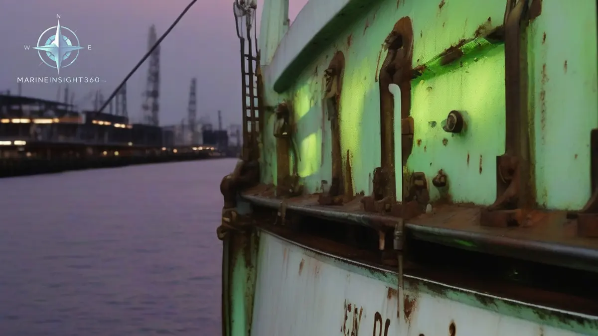 Green starboard sidelight glowing in its brass fitting on a ship's bridge wing at dusk