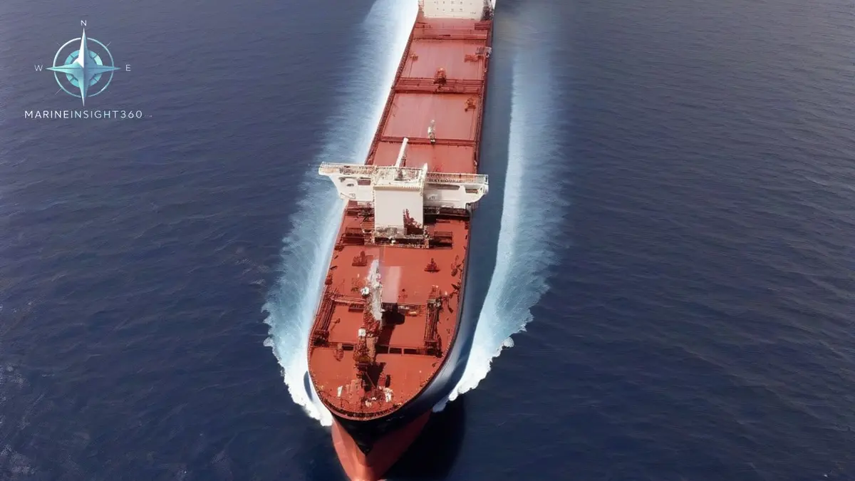 Giant crude oil tanker fully laden at sea, seen from the air along her red deck pipework