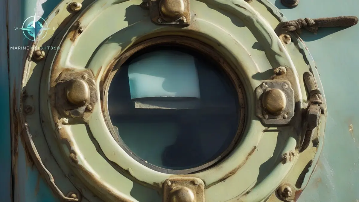 Round brass porthole with hinged deadlight and dogs set into a painted steel ship hull plate