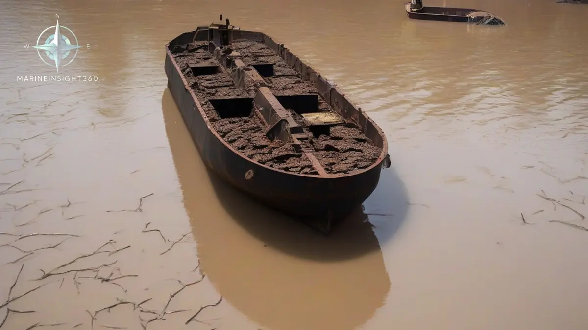 Barge alongside a rusting product tanker in a Gulf of Guinea creek during an illegal oil transfer