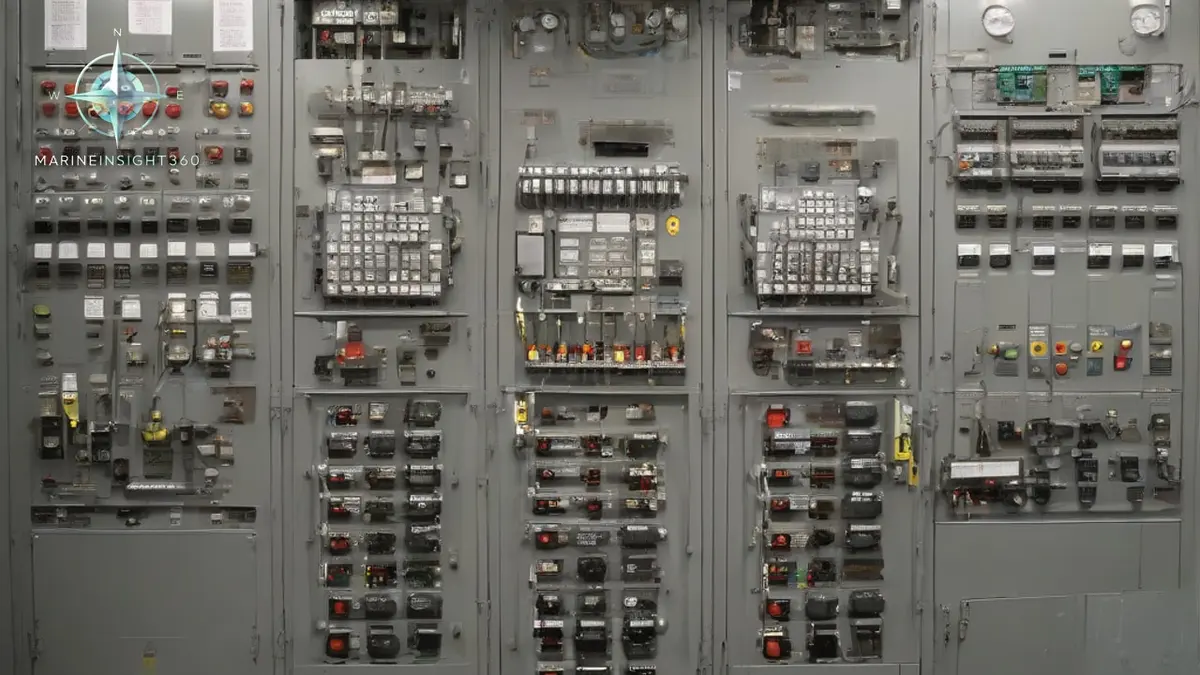 Open ICCP control cabinet with transformer rectifier units in a ship's steering gear flat