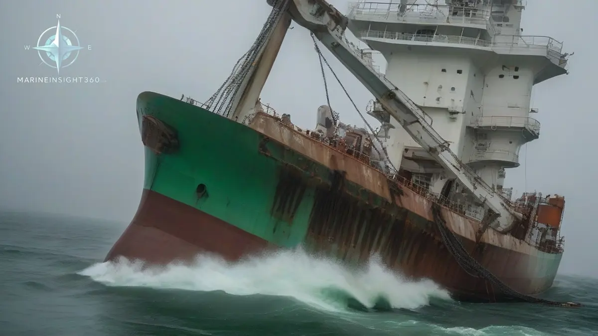 Freighter bow burying into a steep gray sea during a rough Bay of Biscay crossing